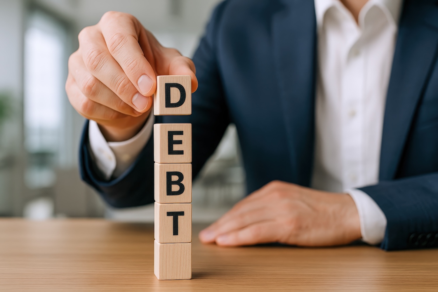 An office with paperwork, a calculator and a sign saying debt to represent 'business debt help'