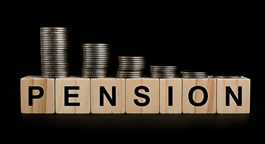 Coins on top of pension spelled in wooden blocks illustrating can creditors take your pension